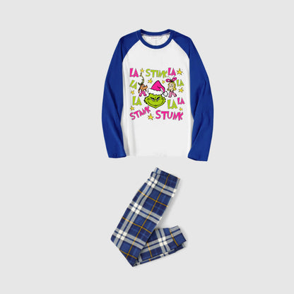 Christmas Family Matching Pajamas-Blue Raglan Top Blue Plaid Pants Pjs Set with Grinch Cartoon Print