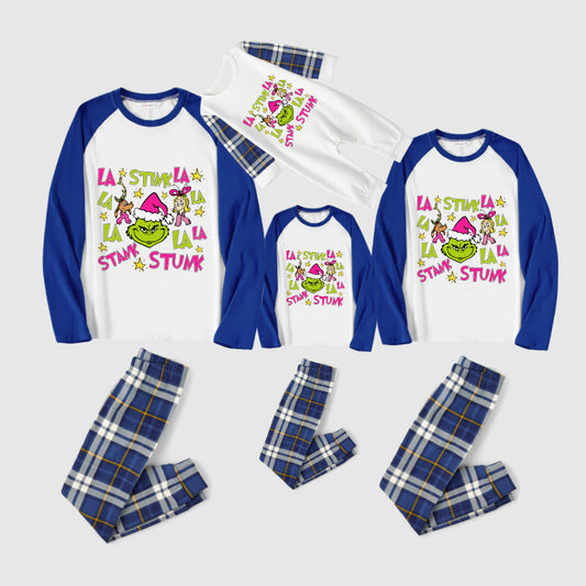 Christmas Family Matching Pajamas-Blue Raglan Top Blue Plaid Pants Pjs Set with Grinch Cartoon Print