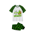 White Top Green Sleeves Green Plaid Pants Pajamas Set With "Tis The Season To Be Grinch" Print