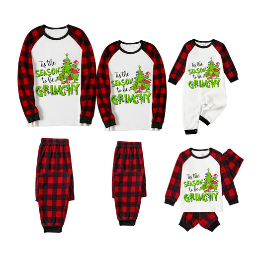 Red and Black Plaid Christmas Pajamas Set With "Tis The Season To Be Grinchy" Print