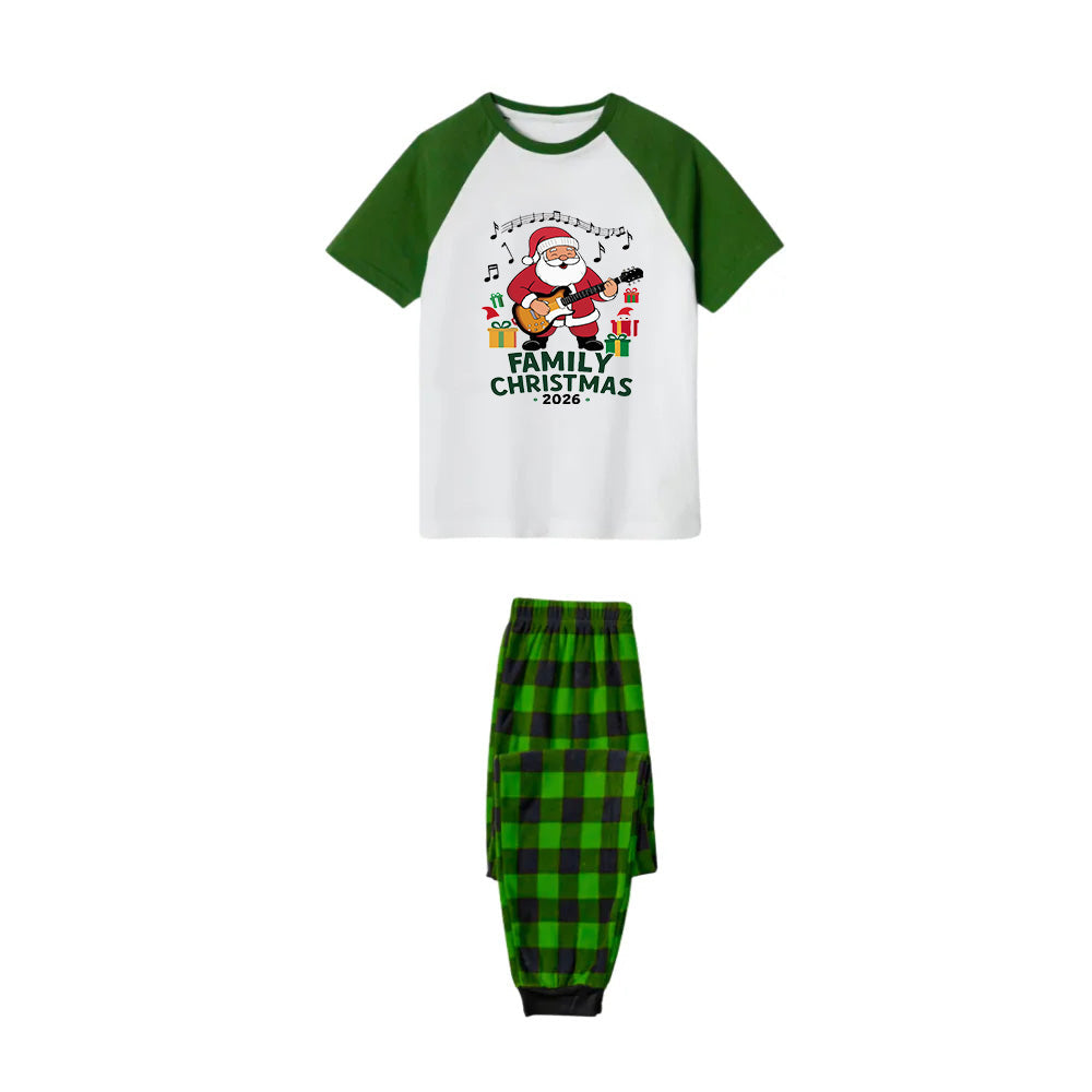 Family Christmas 2026 Pajamas Set - White Top Green Sleeves Green Plaid Pants Playful Santa Graphic