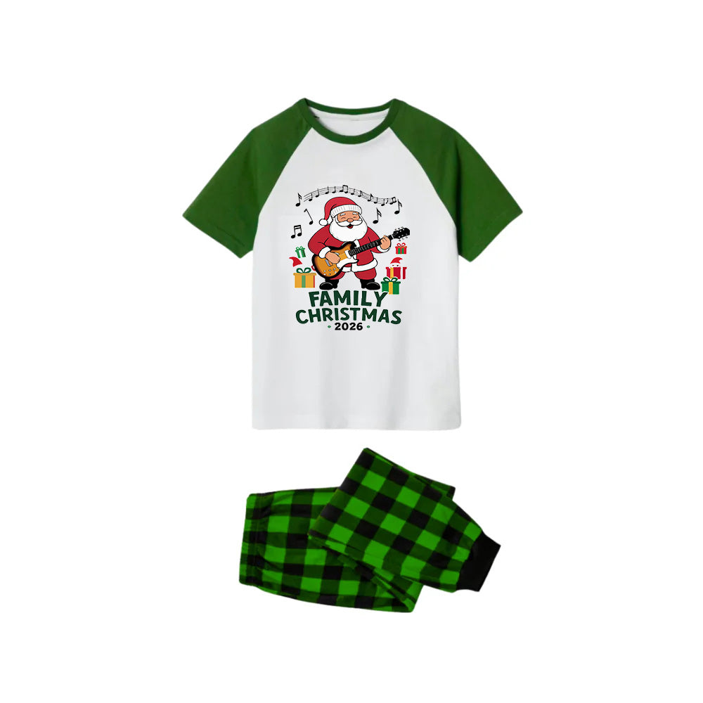 Family Christmas 2026 Pajamas Set - White Top Green Sleeves Green Plaid Pants Playful Santa Graphic