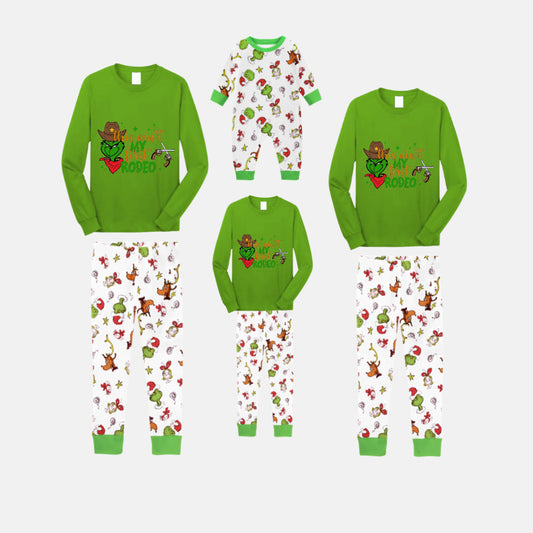 Christmas Family Matching Pajamas-Green Top and Grinch Pants Pjs Set with Grinch and "This Ain't My First Rodeo" Print