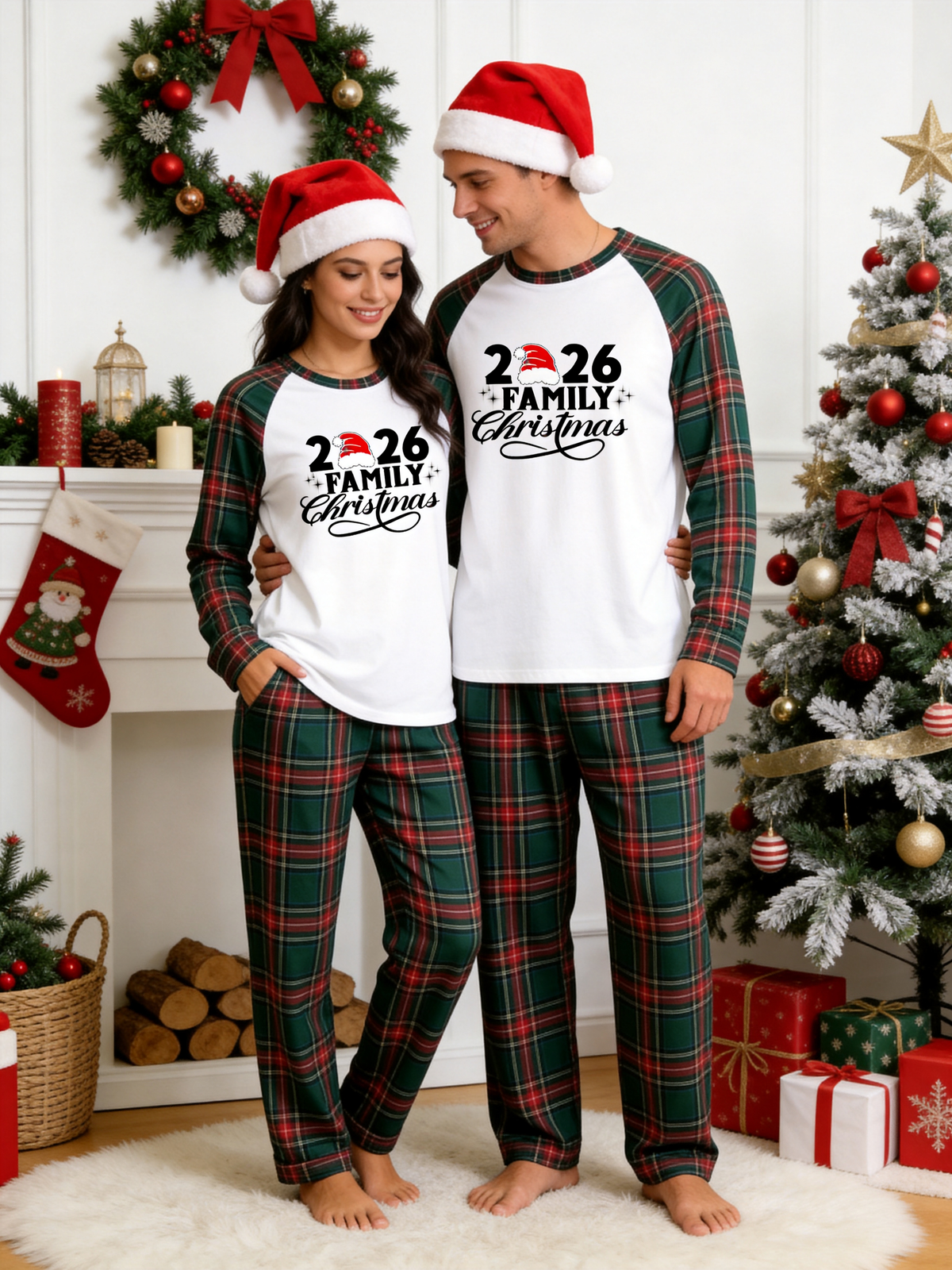 2026 Couple Christmas Santa Hat Print Matching Couple PJs Holiday Sleepwear