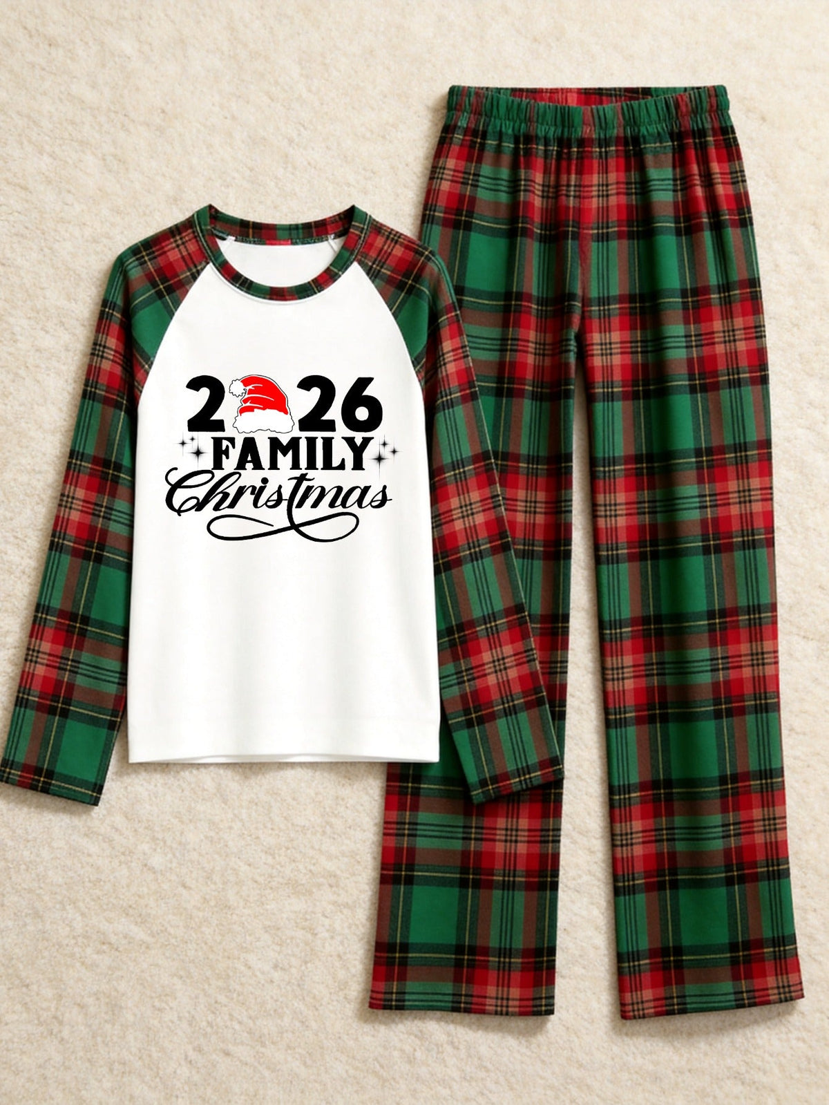 2026 Couple Christmas Santa Hat Print Tartan Plaid Matching Couple PJs Holiday Sleepwear