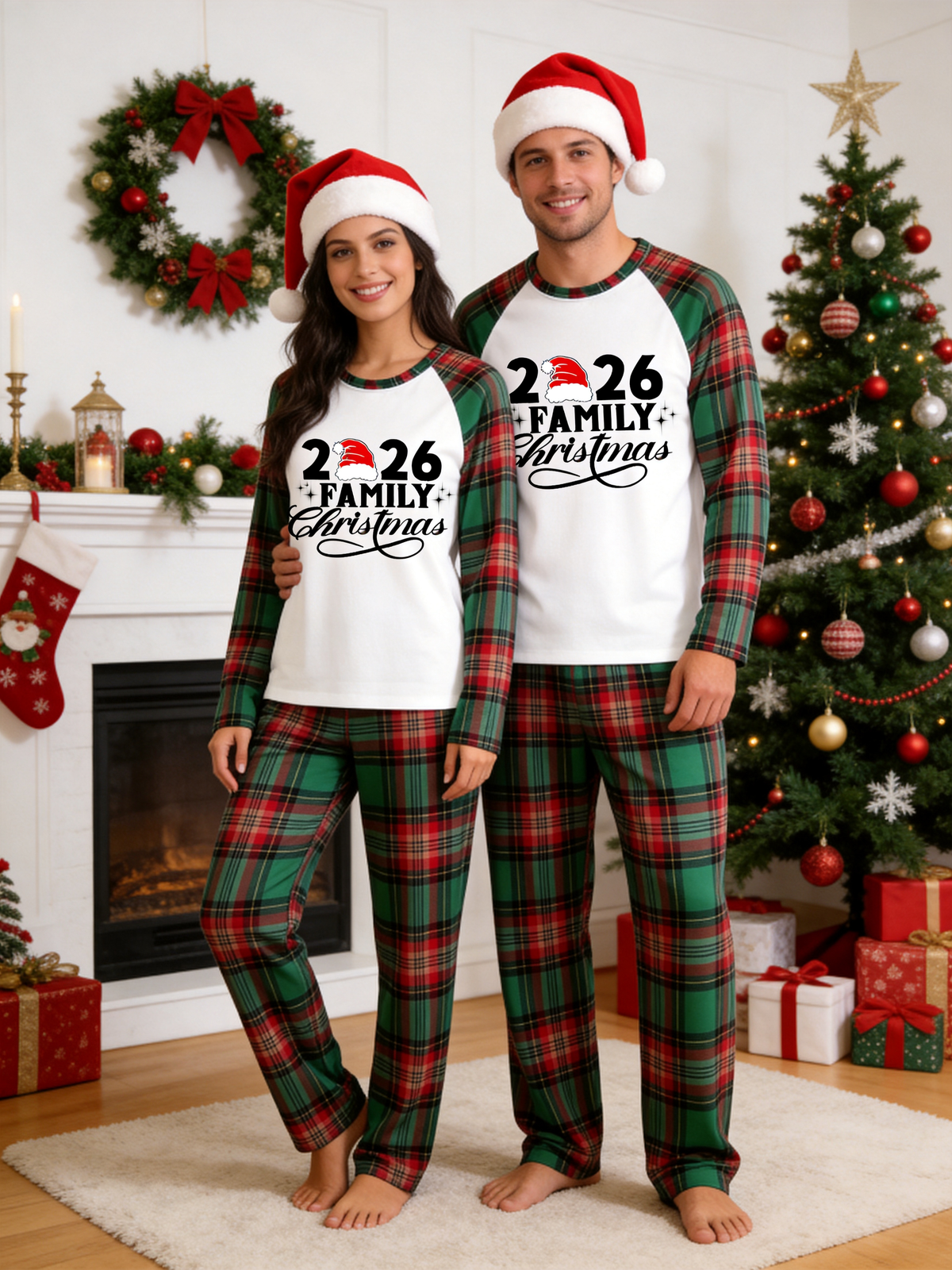2026 Couple Christmas Santa Hat Print Tartan Plaid Matching Couple PJs Holiday Sleepwear