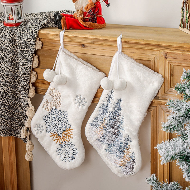 Christmas White Plush Candy Snowflakes Pearl Stockings Gift Bags