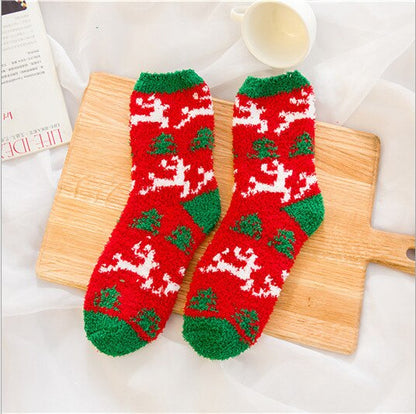 Christmas Women's Socks Coral Fleece Floor Cute Socks 6 pcs