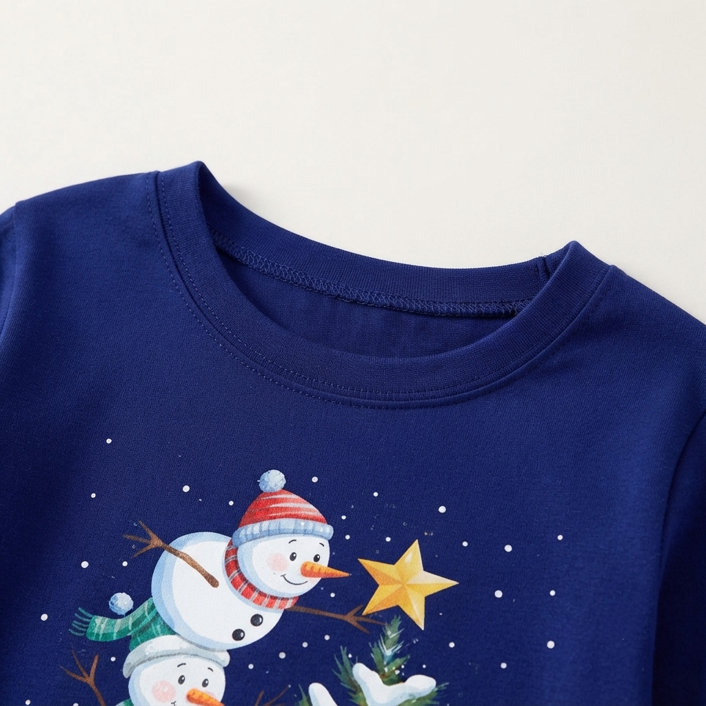 Navy & White Plaid Christmas Pajamas Set with Snowman & Christmas Tree Print