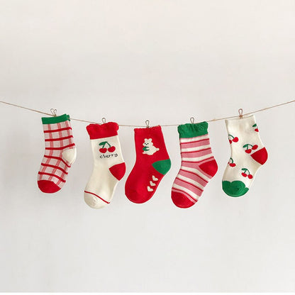 Girls Kids Cherry Print Cartoon Striped Lace Cute Soft Cotton Socks 5 Pcs