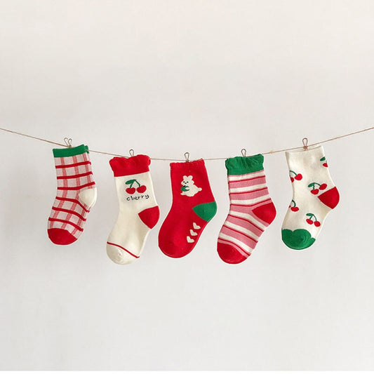 Girls Kids Cherry Print Cartoon Striped Lace Cute Soft Cotton Socks 5 Pcs