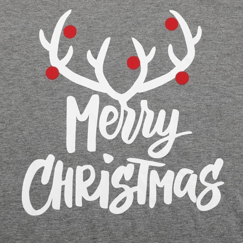 MERRY CHRISTMAS Antler Print Grey Top with Black and Red Plaid Pants Family Matching Pajamas Set