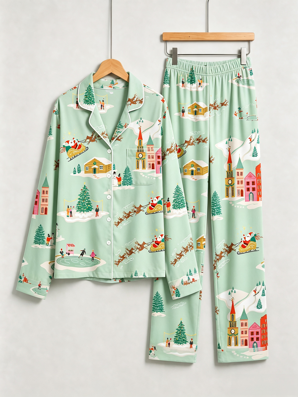 Festive Mint Santa Sleigh & Snowy Village Women Christmas Pajamas
