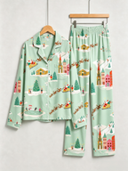 Festive Mint Santa Sleigh & Snowy Village Women Christmas Pajamas