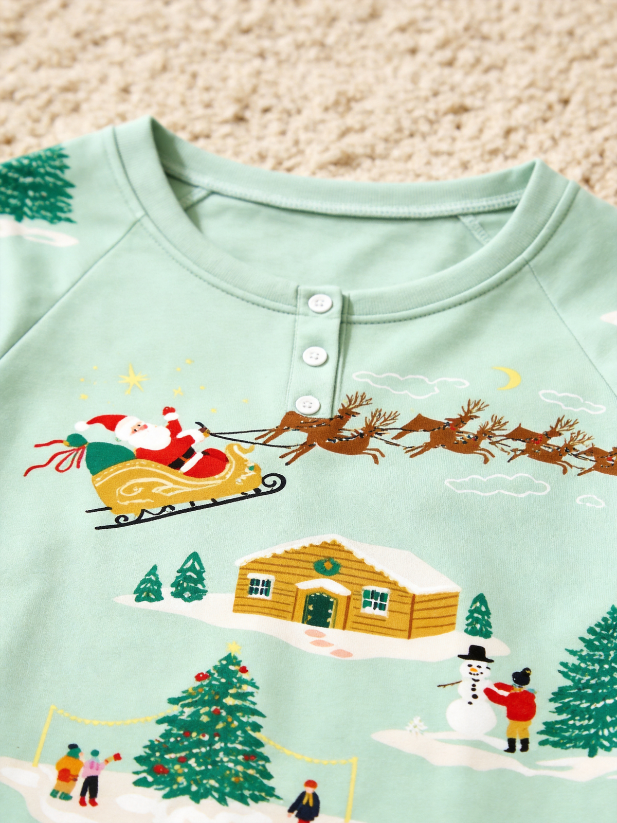 Festive Mint Santa Sleigh & Snowy Village Two-Piece Henley Neck Matching Couple Christmas Pajamas