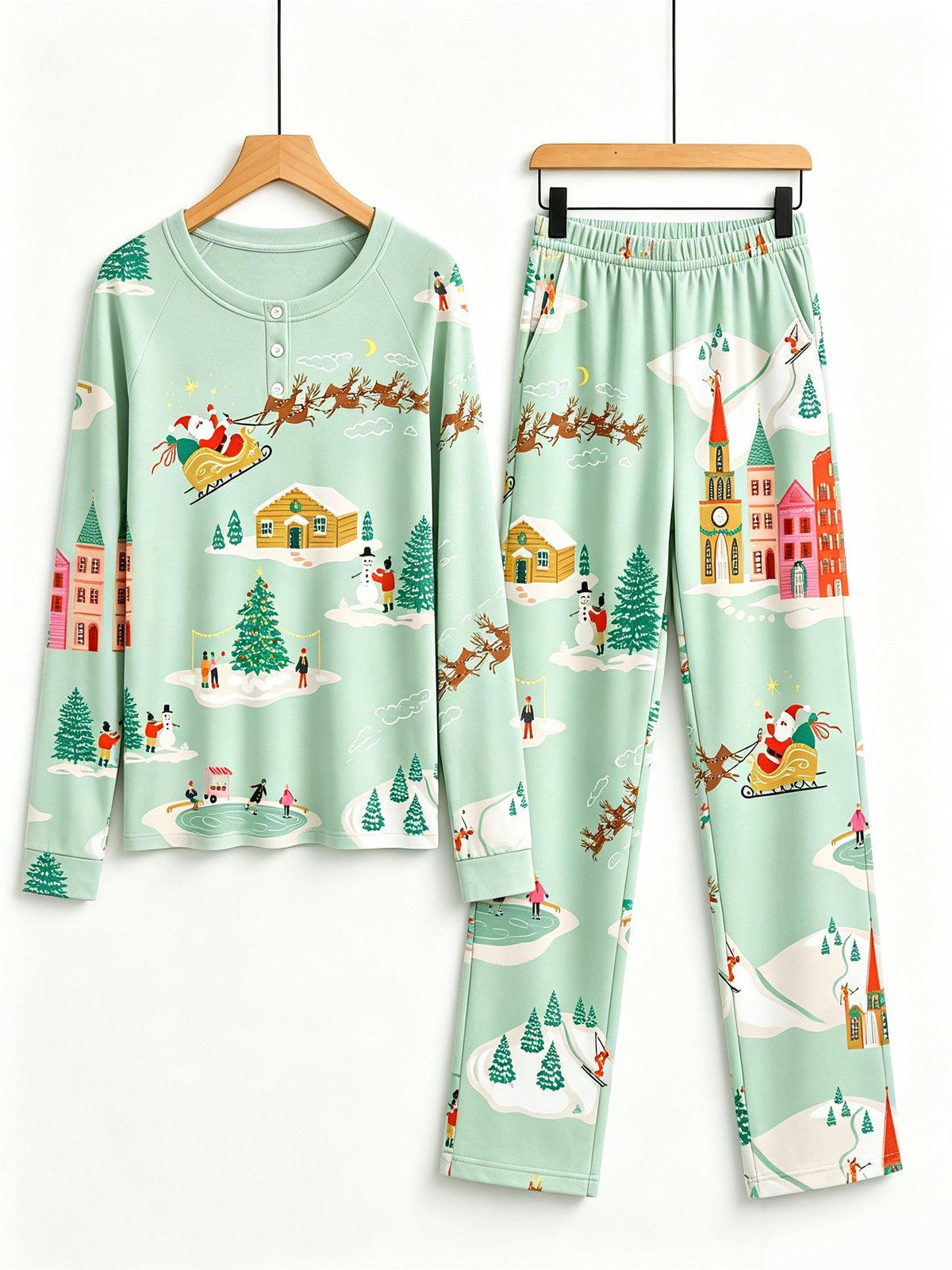 Festive Mint Santa Sleigh & Snowy Village Two-Piece Henley Neck Matching Couple Christmas Pajamas