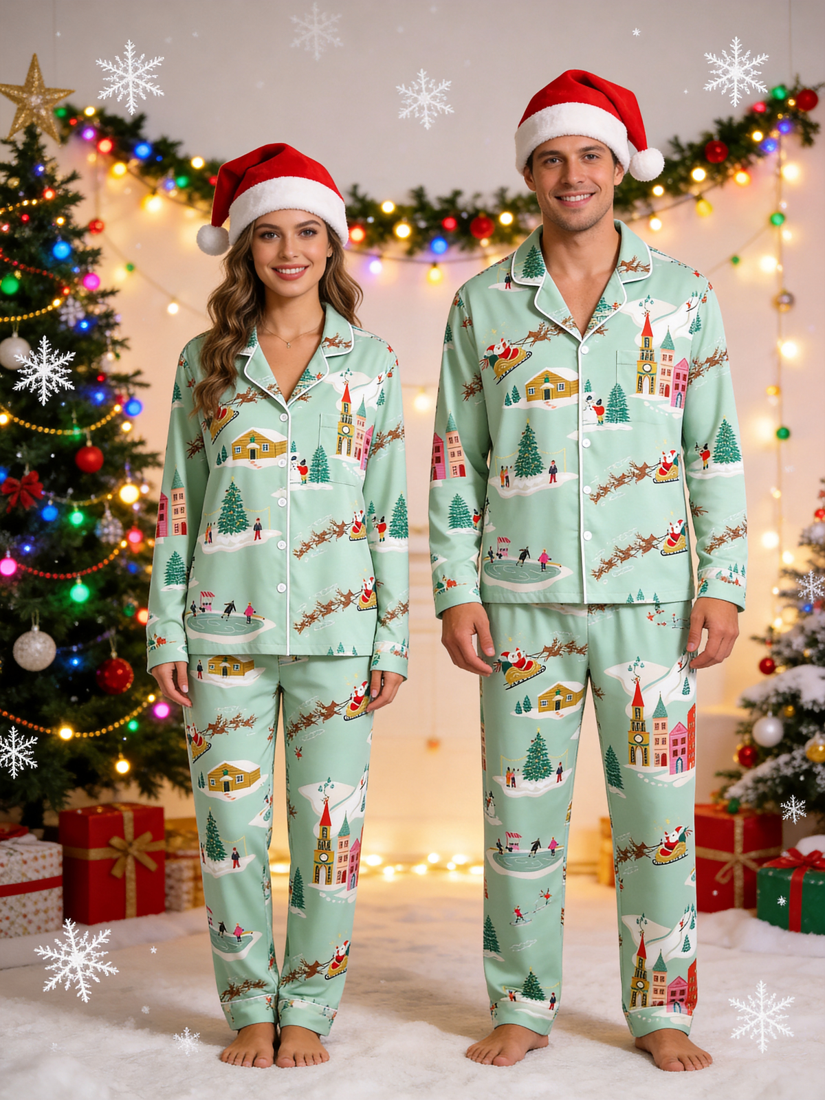 Festive Mint Santa Sleigh & Snowy Village Women Christmas Pajamas