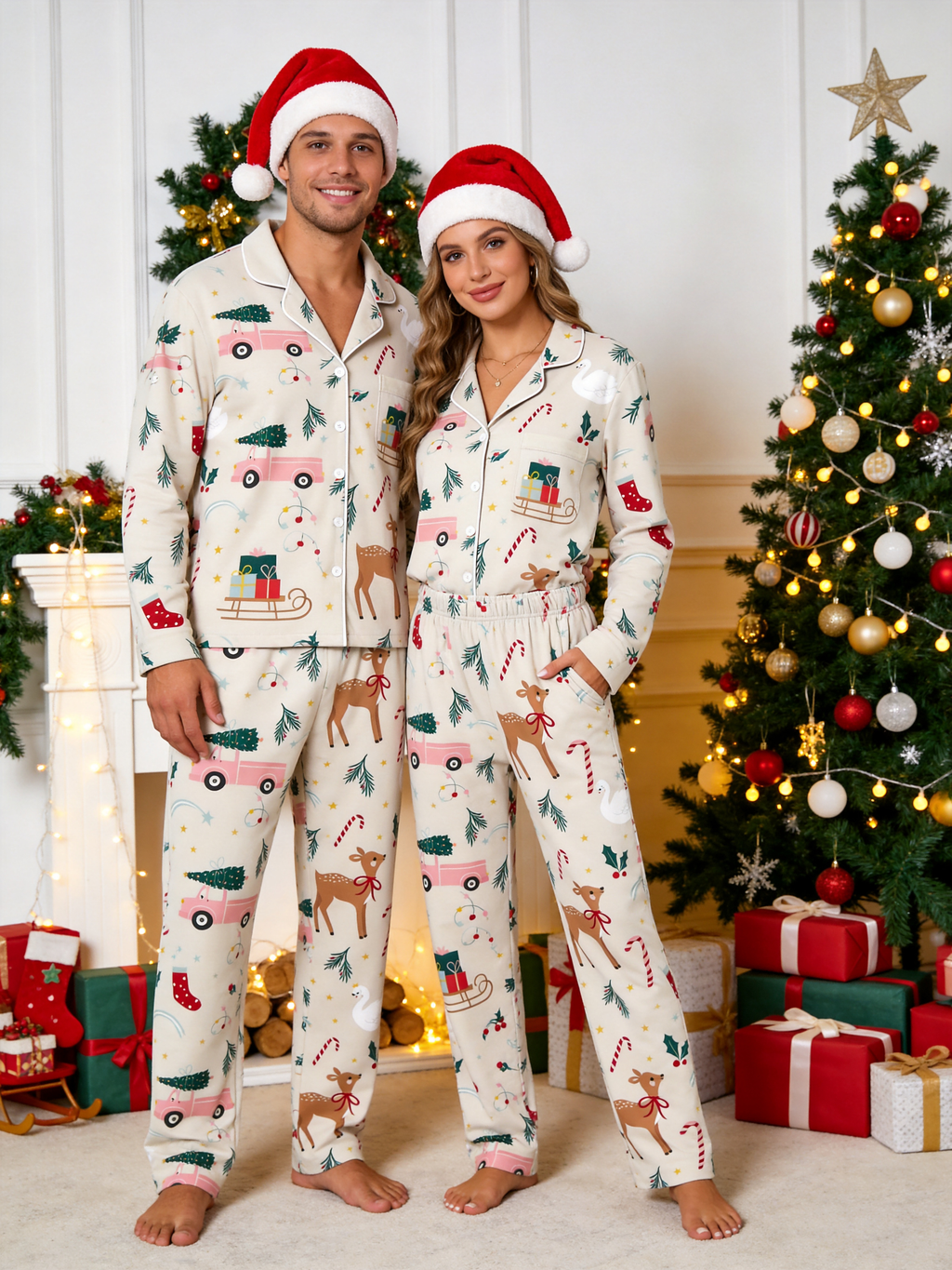 Charming Reindeer, Pink Trucks & Candy Canes Holiday Women Pajama Set