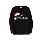 Christmas "Believe" Text Print Black Long Sleeve Top with Green and Black Plaid Family Matching Pajamas
