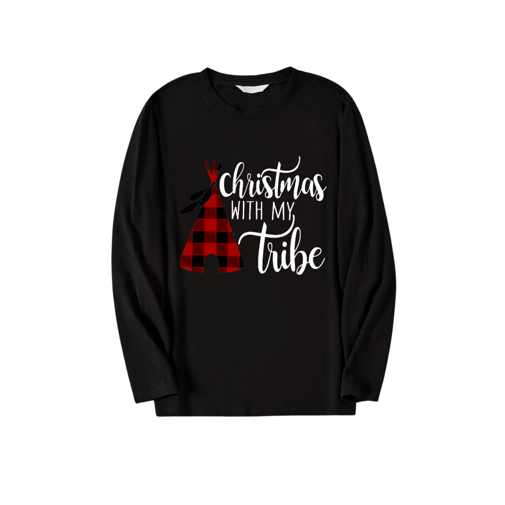 "Merry Christmas" Text Print Black Long Sleeve Top with Green and Black Plaid Family Matching Pajamas