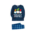 Three Santas "HANGING WITH MY GNOMIES" Monogram Print Blue Long Sleeves Top with Blue & Green Plaid Pants Family Matching Pajamas