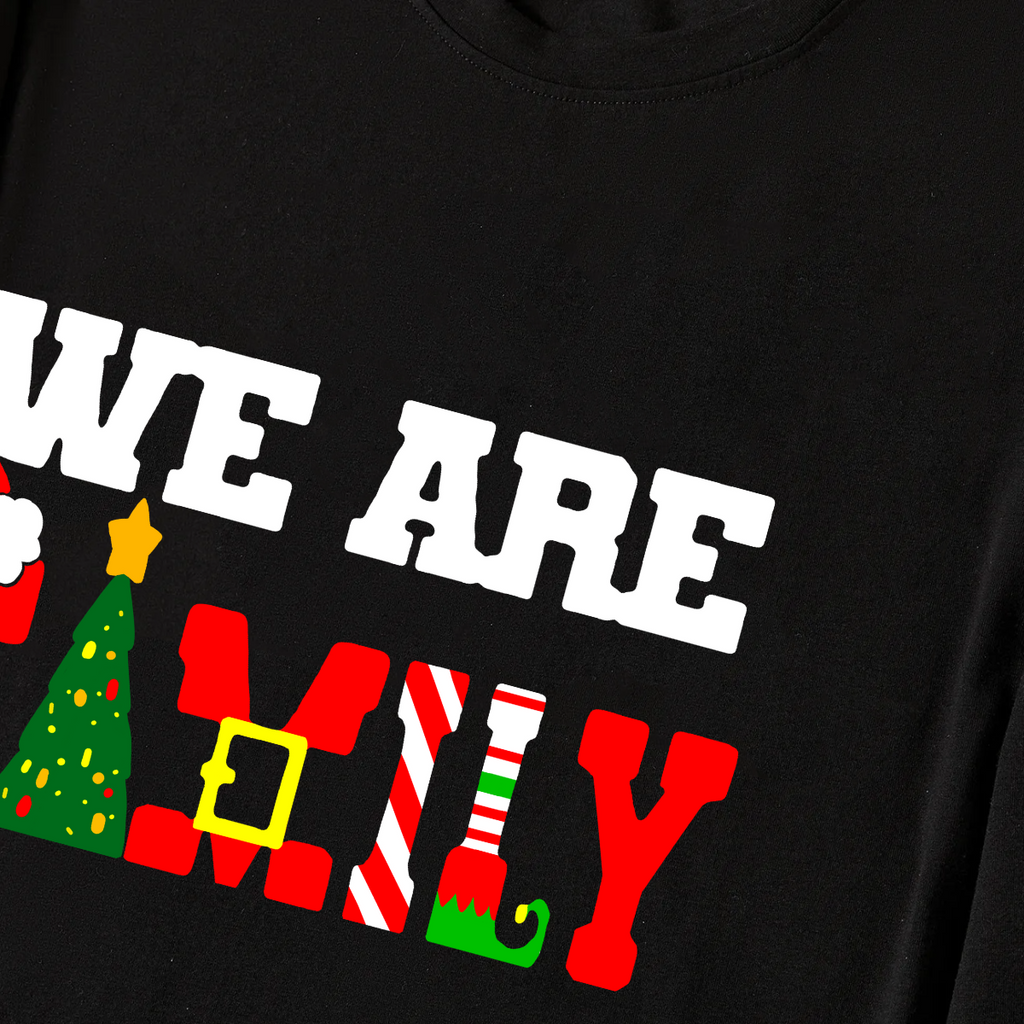 Christmas "We are Family" Text Print Black Long Sleeve Top with Green and Black Plaid Family Matching Pajamas