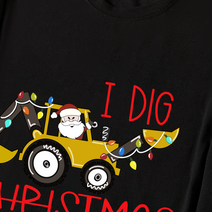 Christmas Excavator Print Black Long Sleeve Top with Green and Black Plaid Family Matching Pajamas