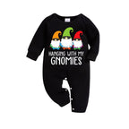 Three Santas "HANGING WITH MY GNOMIES" Monogram Print Black Long Sleeves Top with Classic Red and Green Plaid Pants Family Matching Pajamas