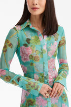 Floral Lantern Sleeve Lapel Buckle Maxi Dress