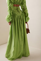 Round Neck Long Sleeve Gathering Top & Solid Maxi Skirt Set