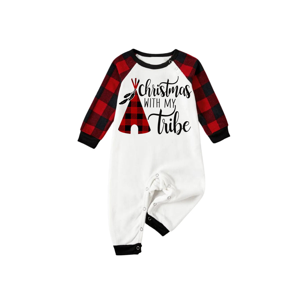 "Christmas With My Tribe"  Pattern White Long Sleeve with Black&Red Plaid Pants Family Matching Pajamas