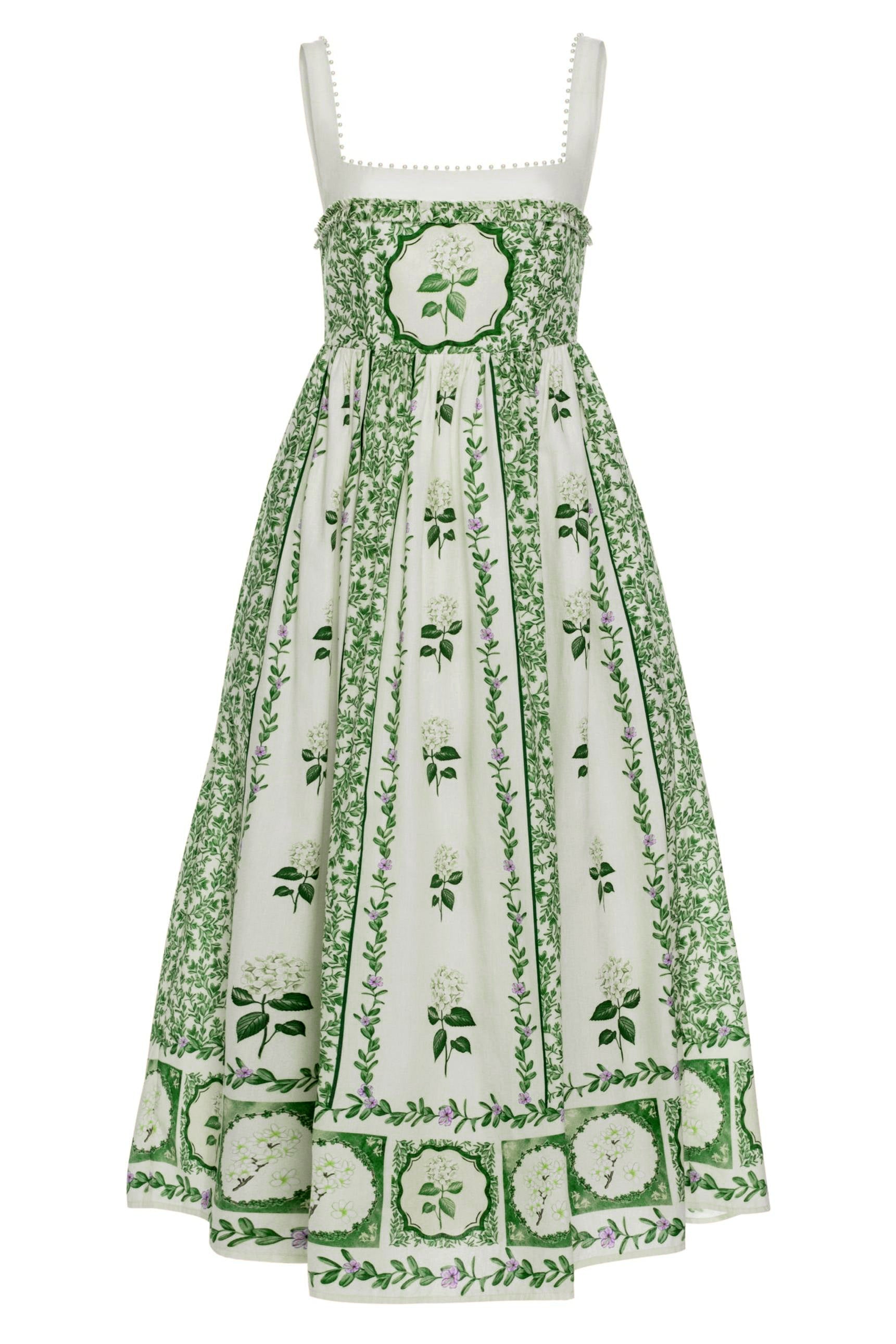 Floral Square Collar Faux Pearl Midi Dress