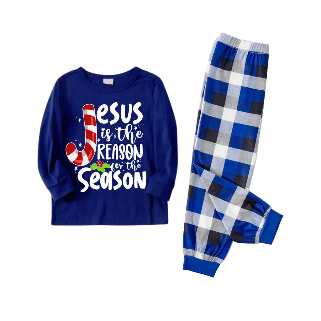 Christmas Jesus White Letter Prints Contrast Blue Long Sleeve with Blue and White Plaid Pants Family Matching Pajamas