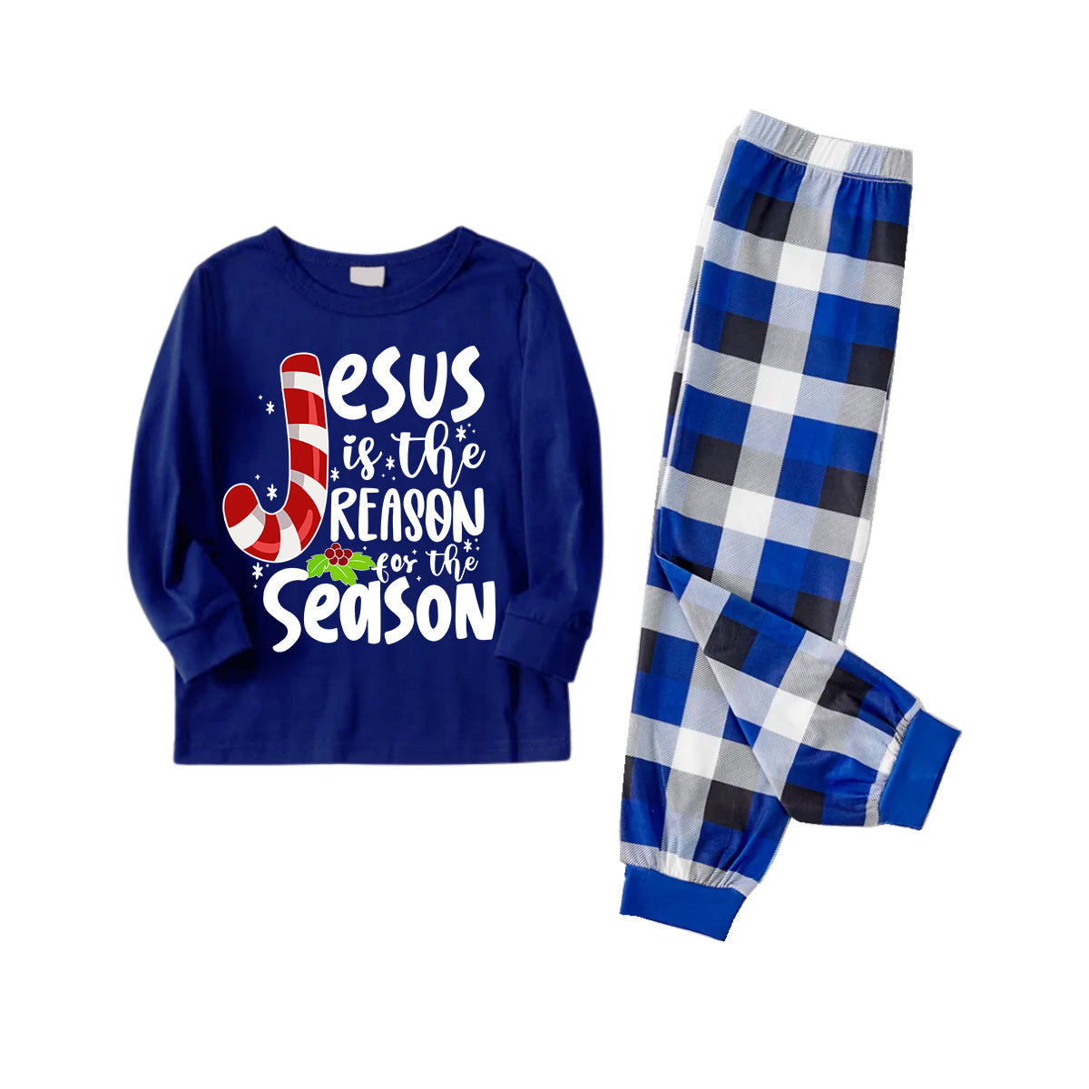 Christmas Jesus White Letter Prints Contrast Blue Long Sleeve with Blue and White Plaid Pants Family Matching Pajamas