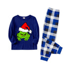 Christmas Cute Green Cartoon Pattern Blue Long Sleeves with Blue&White&Black Plaid Pants Family Matching Pajamas