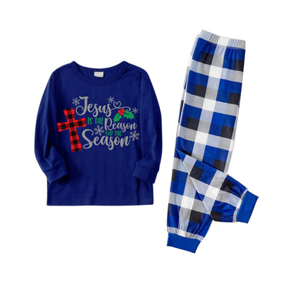 Christmas "Jesus is the Reason of the Season" Letter Print Patterned Blue Long Sleeves with Blue&White&Black Plaid Pants Family Matching Pajamas