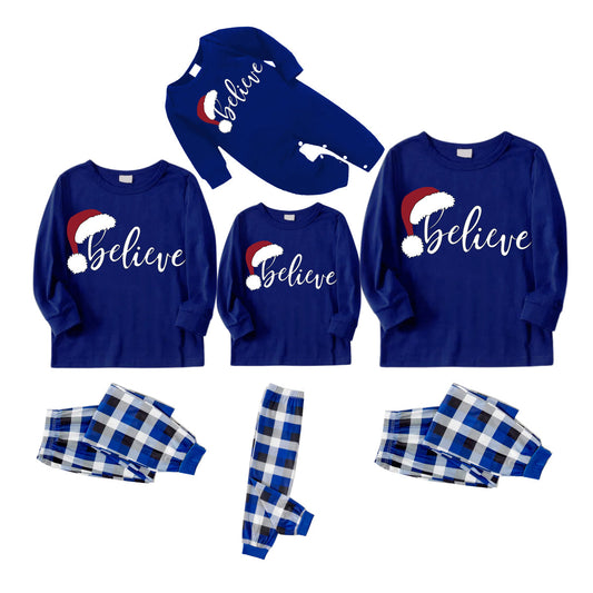 Stylish White Letter Print "Believe" Blue Long Sleeves with Blue&White&Black Plaid Pants Family Matching Pajamas