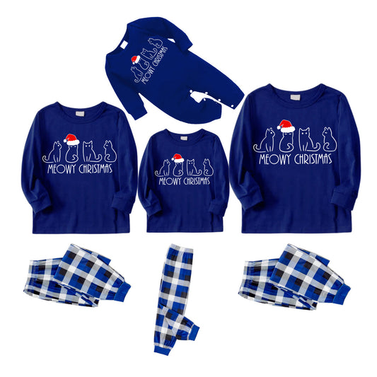 White Cute Head Christmas Hat Cat Pattern Blue Long Sleeves with Blue&White&Black Plaid Pants Family Matching Pajamas