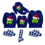 Christmas Cute Green Cartoon Pattern Blue Long Sleeves with Blue&White&Black Plaid Pants Family Matching Pajamas