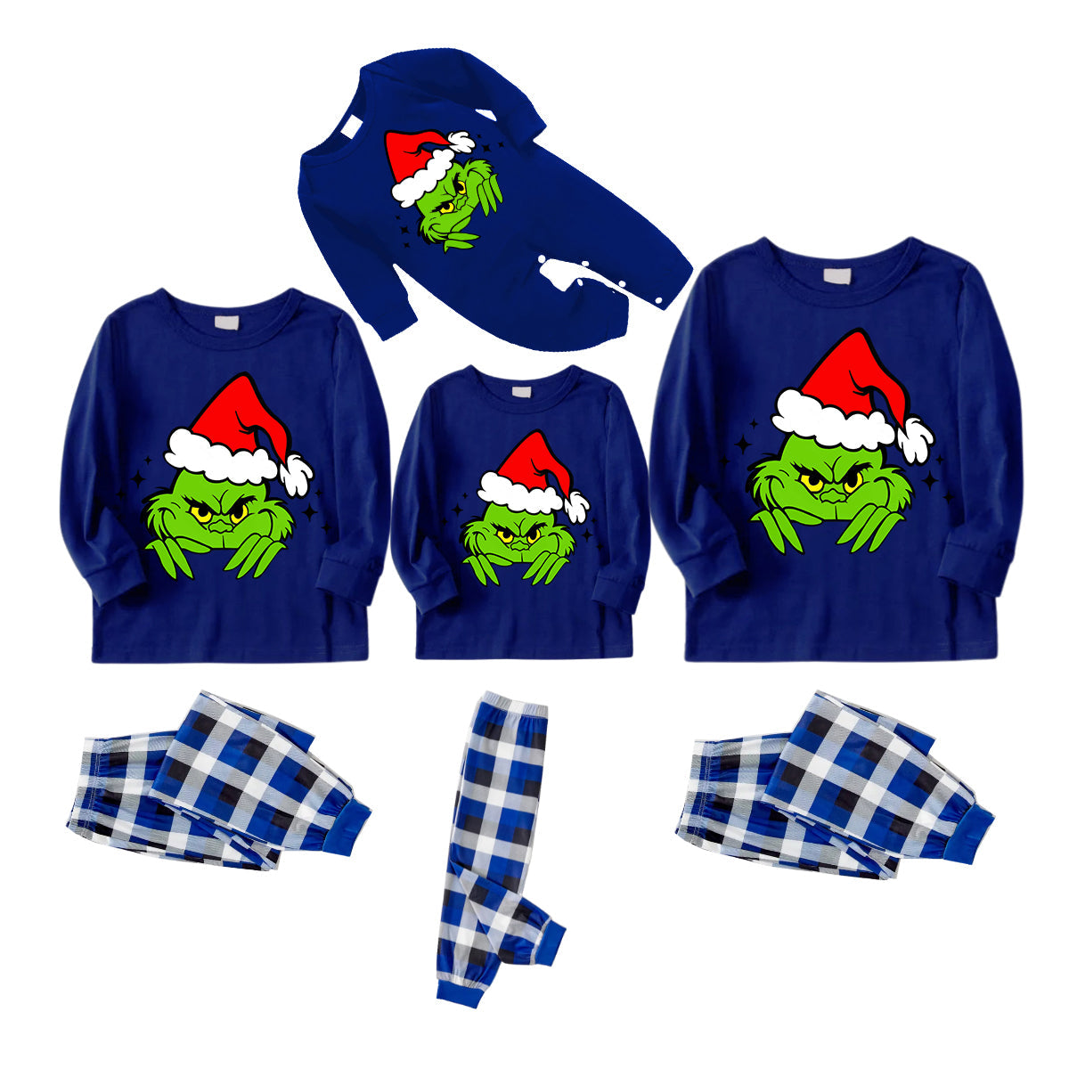 Christmas Cute Green Cartoon Pattern Blue Long Sleeves with Blue&White&Black Plaid Pants Family Matching Pajamas