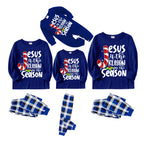 Christmas Jesus White Letter Prints Contrast Blue Long Sleeve with Blue and White Plaid Pants Family Matching Pajamas