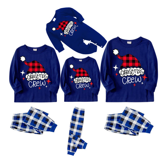 Plaid Santa Hat Pattern  Blue Long Sleeves with Blue&White&Black Plaid Pants Family Matching Pajamas
