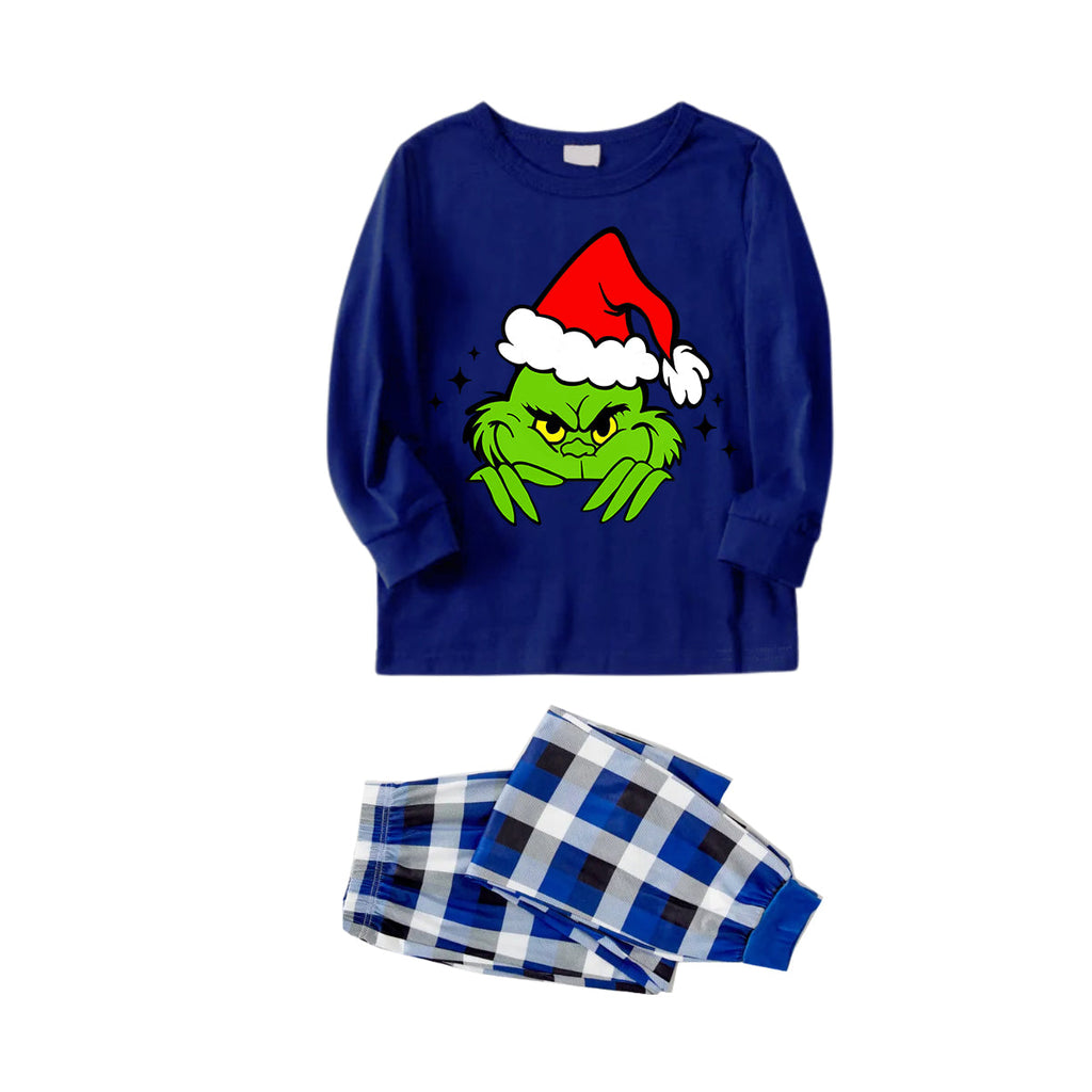 Christmas Cute Green Cartoon Pattern Blue Long Sleeves with Blue&White&Black Plaid Pants Family Matching Pajamas