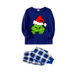 Christmas Cute Green Cartoon Pattern Blue Long Sleeves with Blue&White&Black Plaid Pants Family Matching Pajamas
