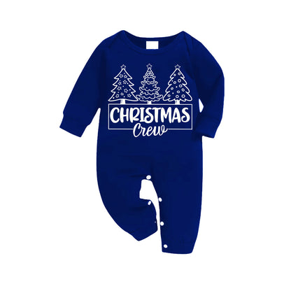 "Christmas Crew" and Trees Blue Long Sleeves with Blue&White&Black Plaid Pants Family Matching Pajamas