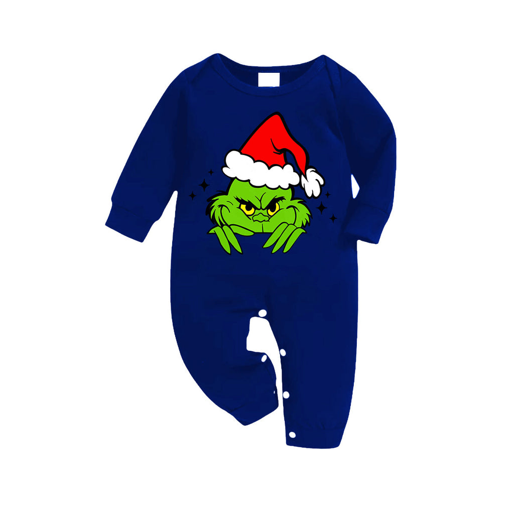 Christmas Cute Green Cartoon Pattern Blue Long Sleeves with Blue&White&Black Plaid Pants Family Matching Pajamas