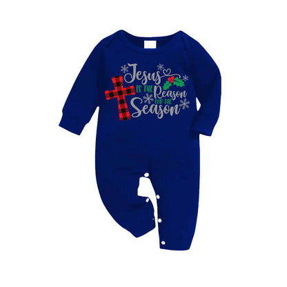 Christmas "Jesus is the Reason of the Season" Letter Print Patterned Blue Long Sleeves with Blue&White&Black Plaid Pants Family Matching Pajamas