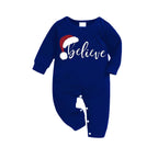 Stylish White Letter Print "Believe" Blue Long Sleeves with Blue&White&Black Plaid Pants Family Matching Pajamas