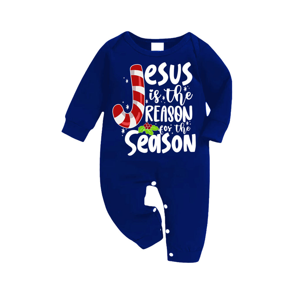 Christmas Jesus White Letter Prints Contrast Blue Long Sleeve with Blue and White Plaid Pants Family Matching Pajamas