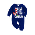 Christmas Jesus White Letter Prints Contrast Blue Long Sleeve with Blue and White Plaid Pants Family Matching Pajamas